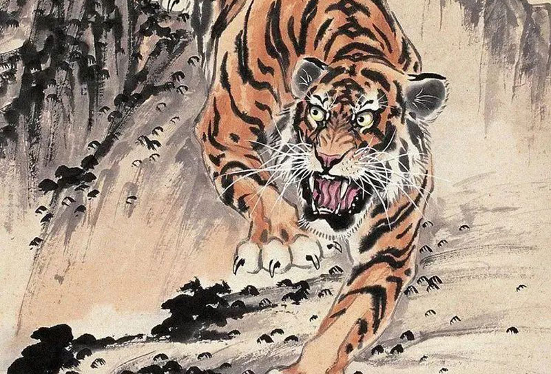 近現代畫虎大師胡爽庵作品欣賞，其水墨寫意虎，筆墨酣暢，神采自如，堪稱一絕